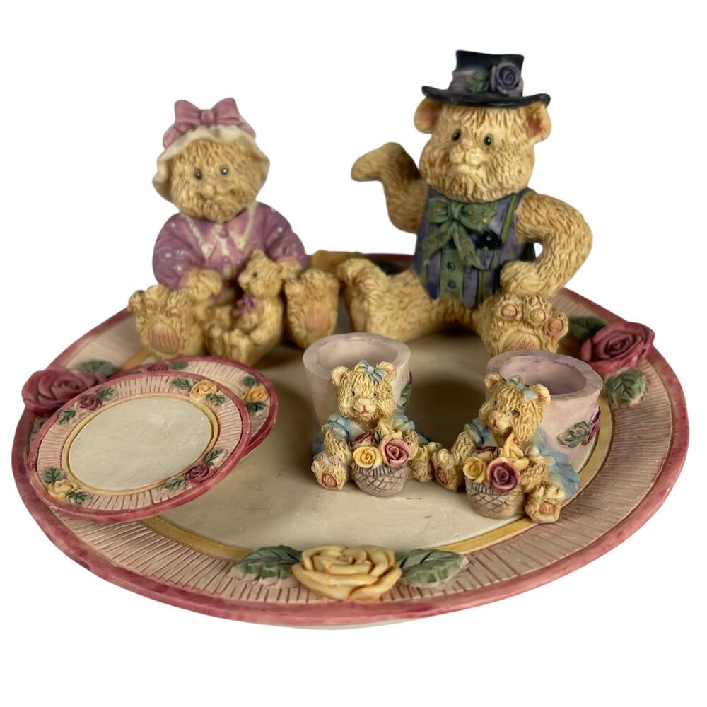 Vintage 1995 Young’s Inc Teddy Bear Miniature Tea Set 7 Pc Resin Roses Tray